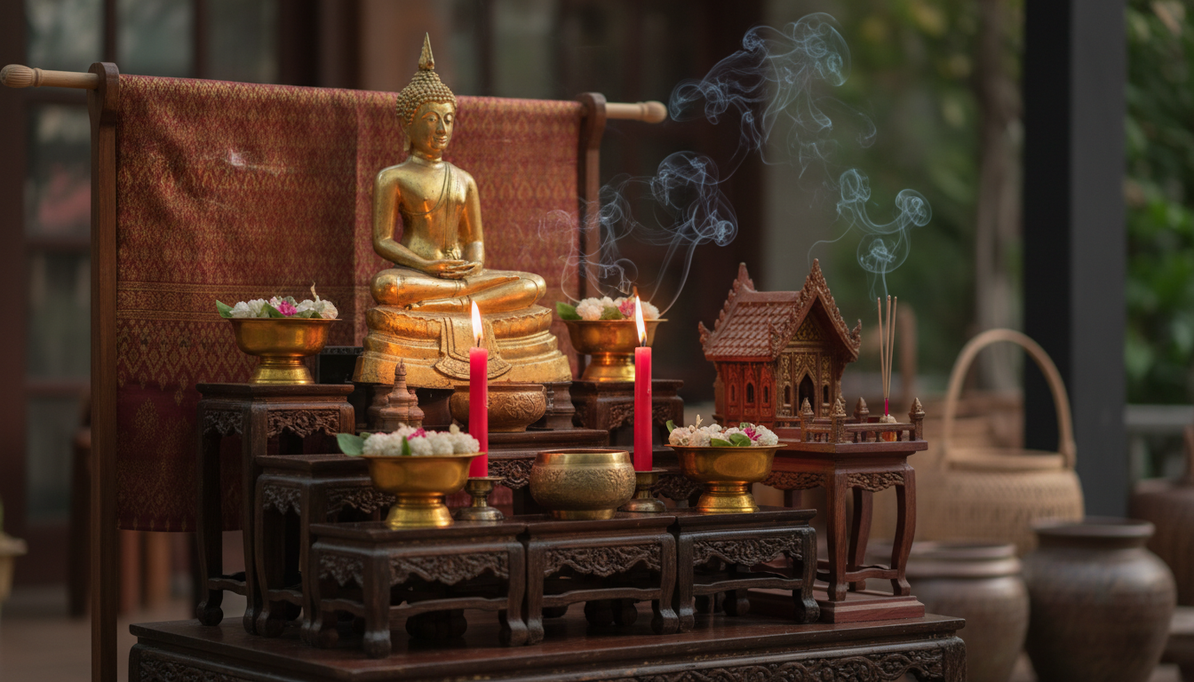 A cinematic shot of a traditional Thai altar inside a home, featuring a central Buddha statue surrounded by intricate brass bowls, red candles, and a small wooden spirit house, with the soft glow of incense smoke curling in the air.