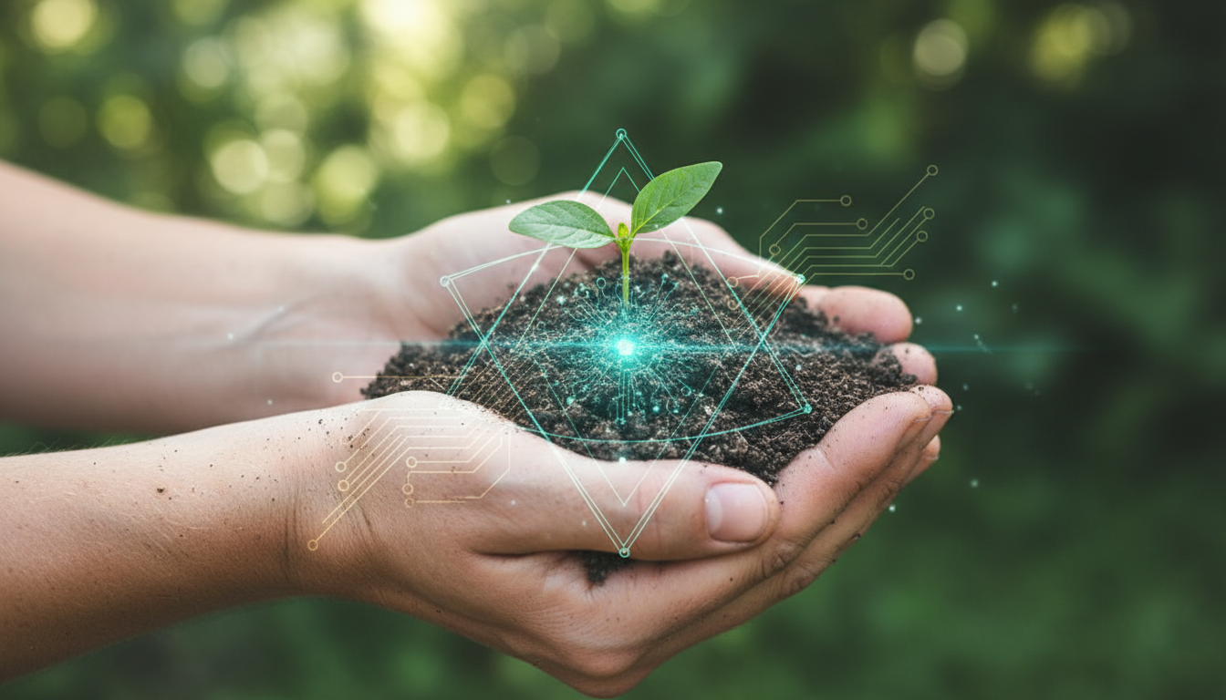 A close-up of a person's hands cupping a small, green sprout growing from rich, dark soil, with faint geometric patterns of light radiating from the point where the plant meets the earth.