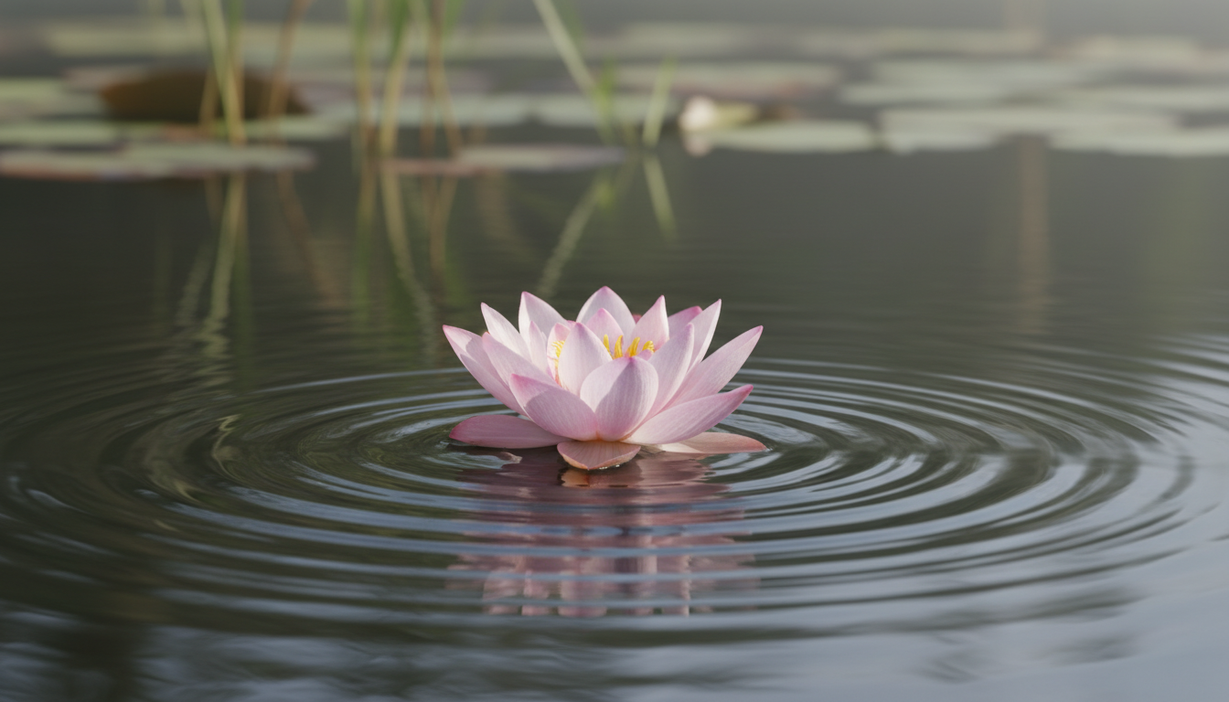 A close-up of a single lotus flower blooming in a calm pond, with ripples moving outward, symbolizing the stillness of the center amidst the movement of life.