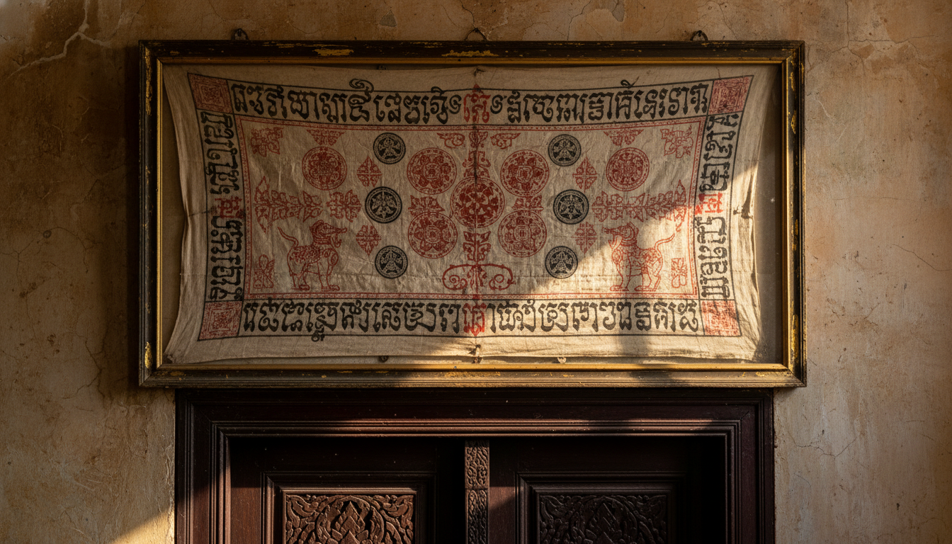 A close-up of an ancient Pha Yant (sacred cloth) featuring complex Khmer script and geometric designs, framed and hung above a dark wooden doorframe, with shadows falling across its weathered texture.