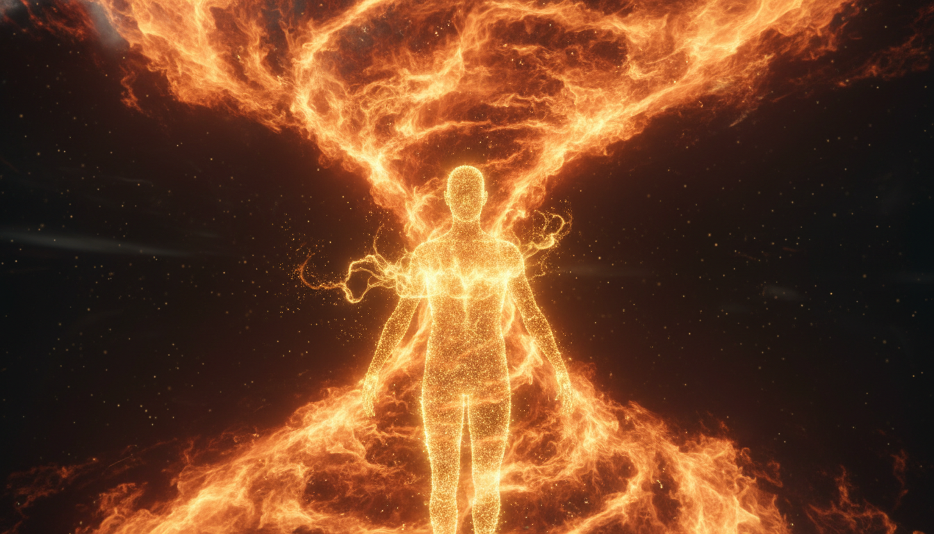A conceptual visual of a human silhouette made of glowing golden light particles, standing calmly in the center of a swirling vortex of orange and red flames. The person is not burning but seems to be the source of the light.