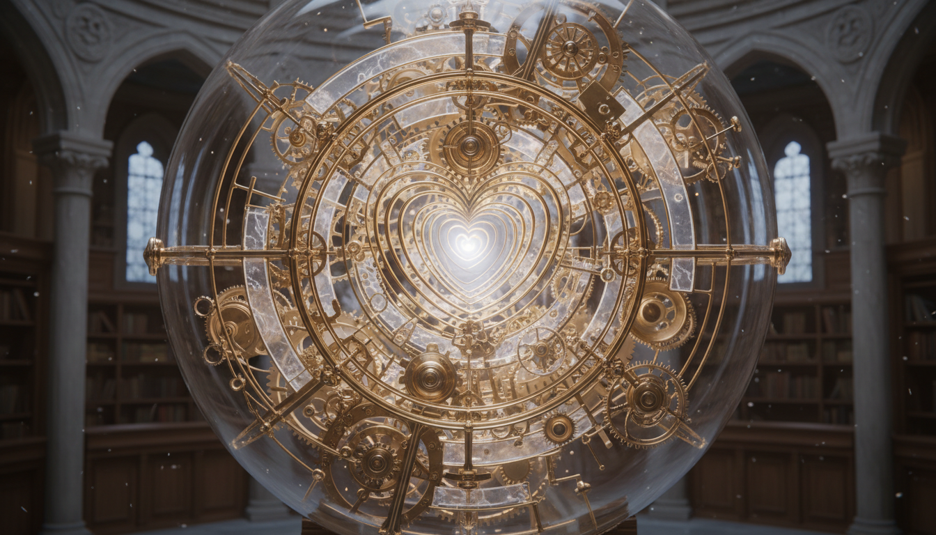 A detailed, intricate clockwork mechanism made of translucent glass and gold, illuminated from within by a soft white light, representing the complex brilliance of the human inner self.