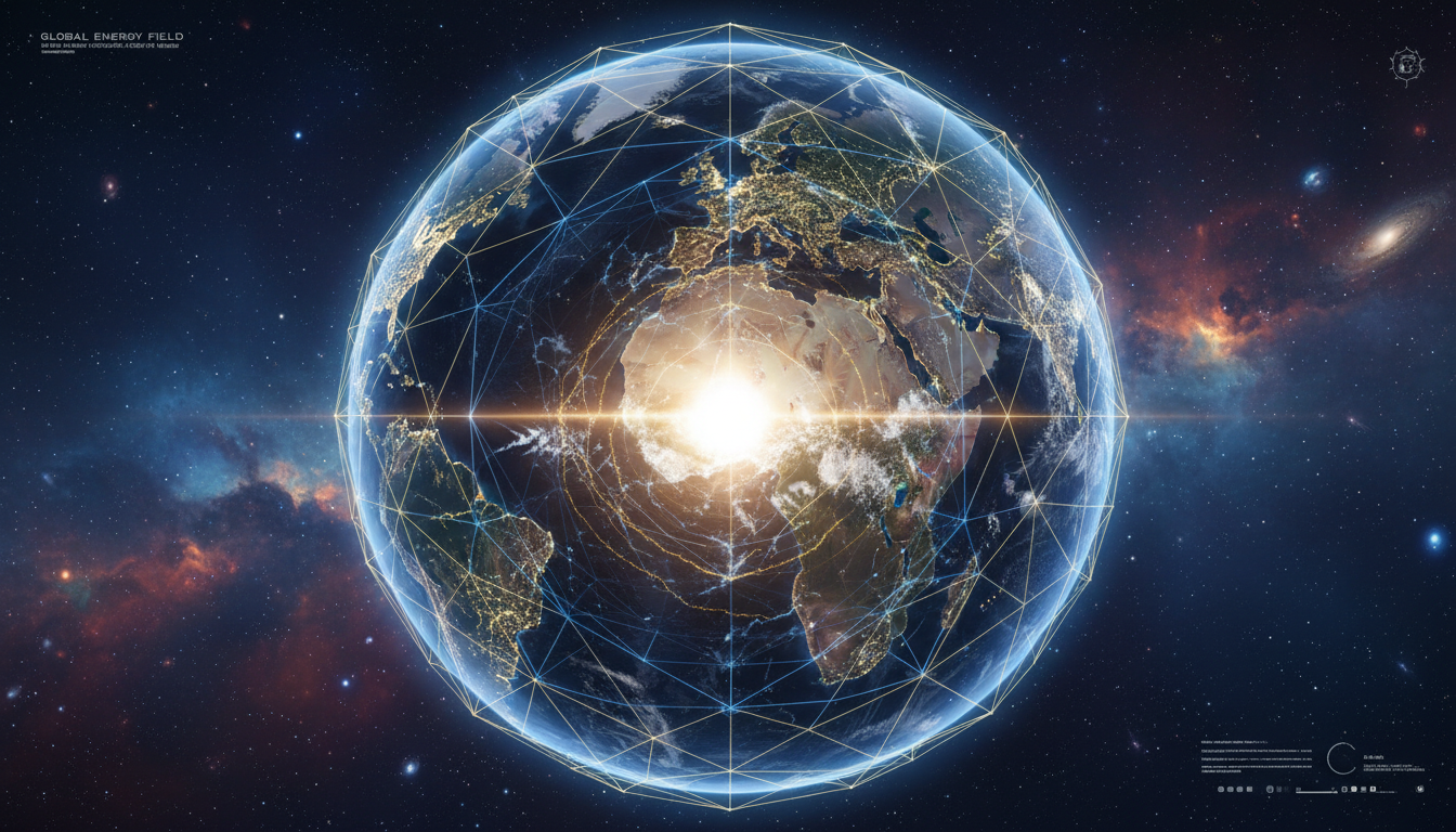 A detailed technical illustration of the Earth's energetic grid, showing glowing geometric lines of blue and gold light intersecting across the continents, with a visible shift or ripple in the energy field emanating from the core.