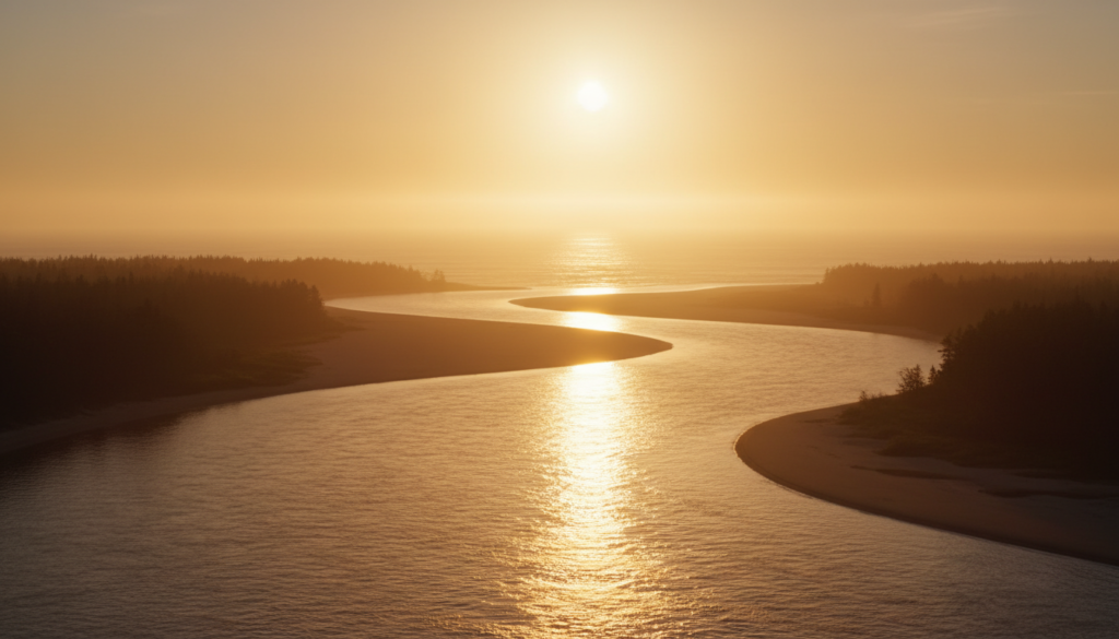 A majestic river flowing into a vast, sun-drenched golden ocean, where the boundary between the water and the horizon is blurred into a luminous mist.