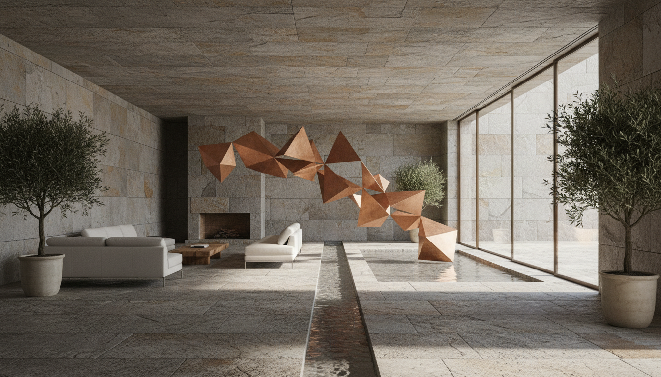 A minimalist, high-end interior of a living space designed with natural stone, flowing water features, and large copper geometric structures, with soft natural light highlighting the absence of modern clutter.