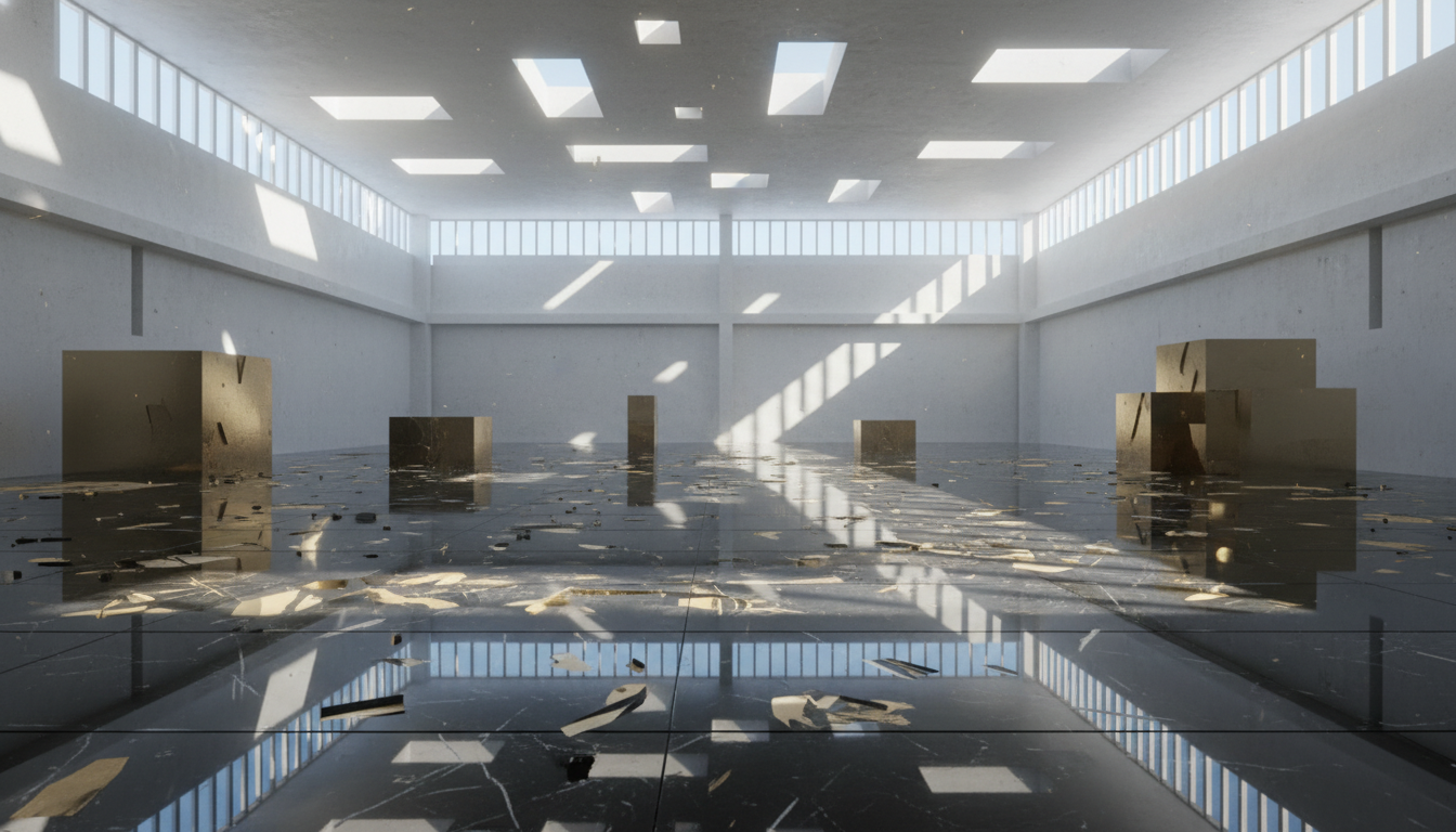 A minimalist, high-tech architectural space where sharp sunlight creates deep, geometric shadows on a polished floor, symbolizing the intersection of light and shadow wealth.