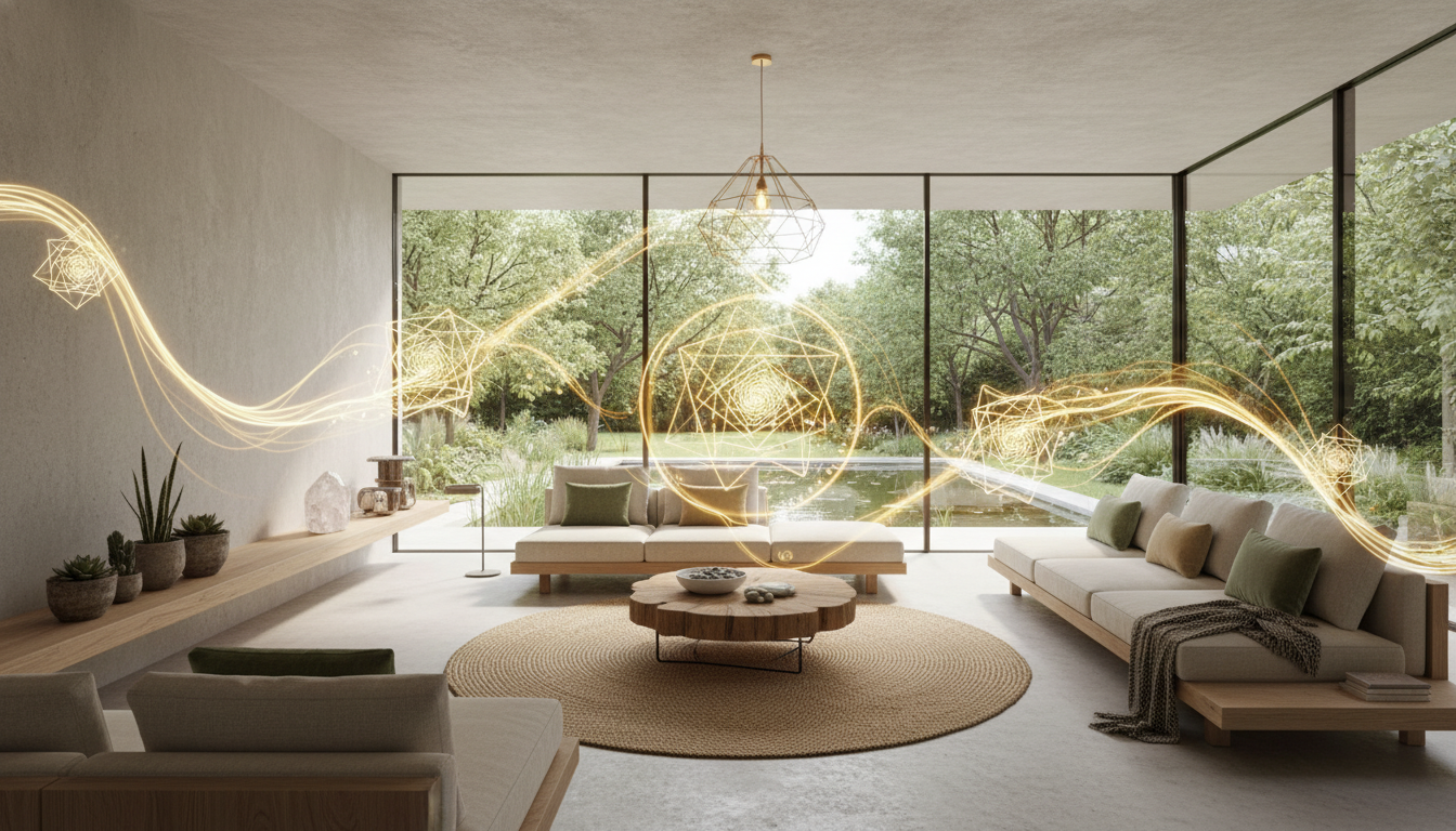 A modern minimalist living room integrated with natural elements, showing golden flow lines of energy moving smoothly through the space, following the principles of Vastu and sacred geometry.