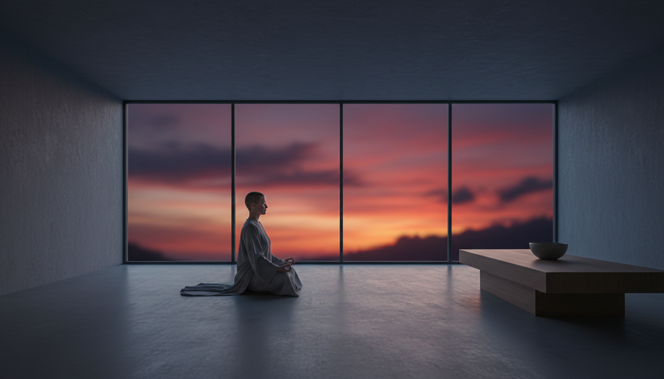 A person sitting in a perfect meditative posture in a room with large windows, where the outside world is a blur of fiery sunset colors, but the interior is calm, grey, and stable.