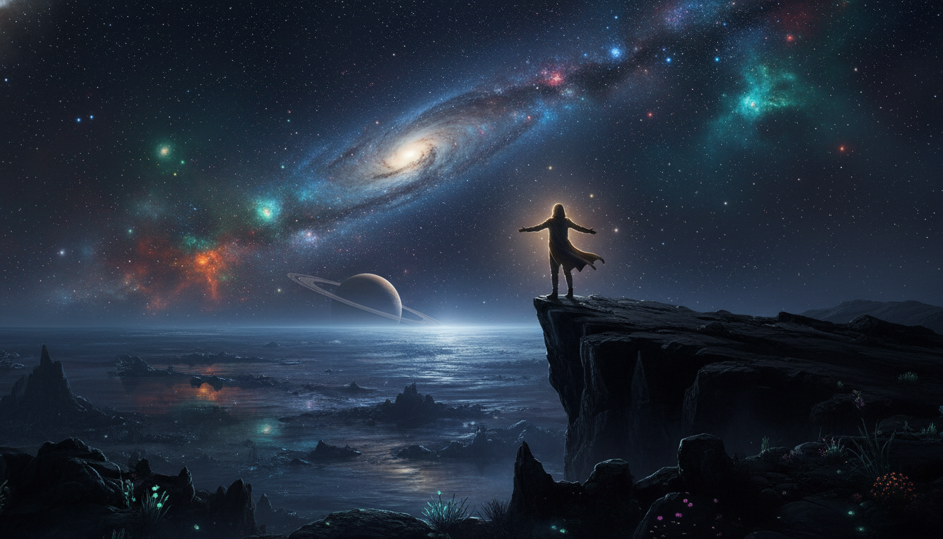 A person standing on the edge of a cliff, looking out at a limitless ocean of stars and nebulae, with their silhouette radiating a faint, energetic glow.