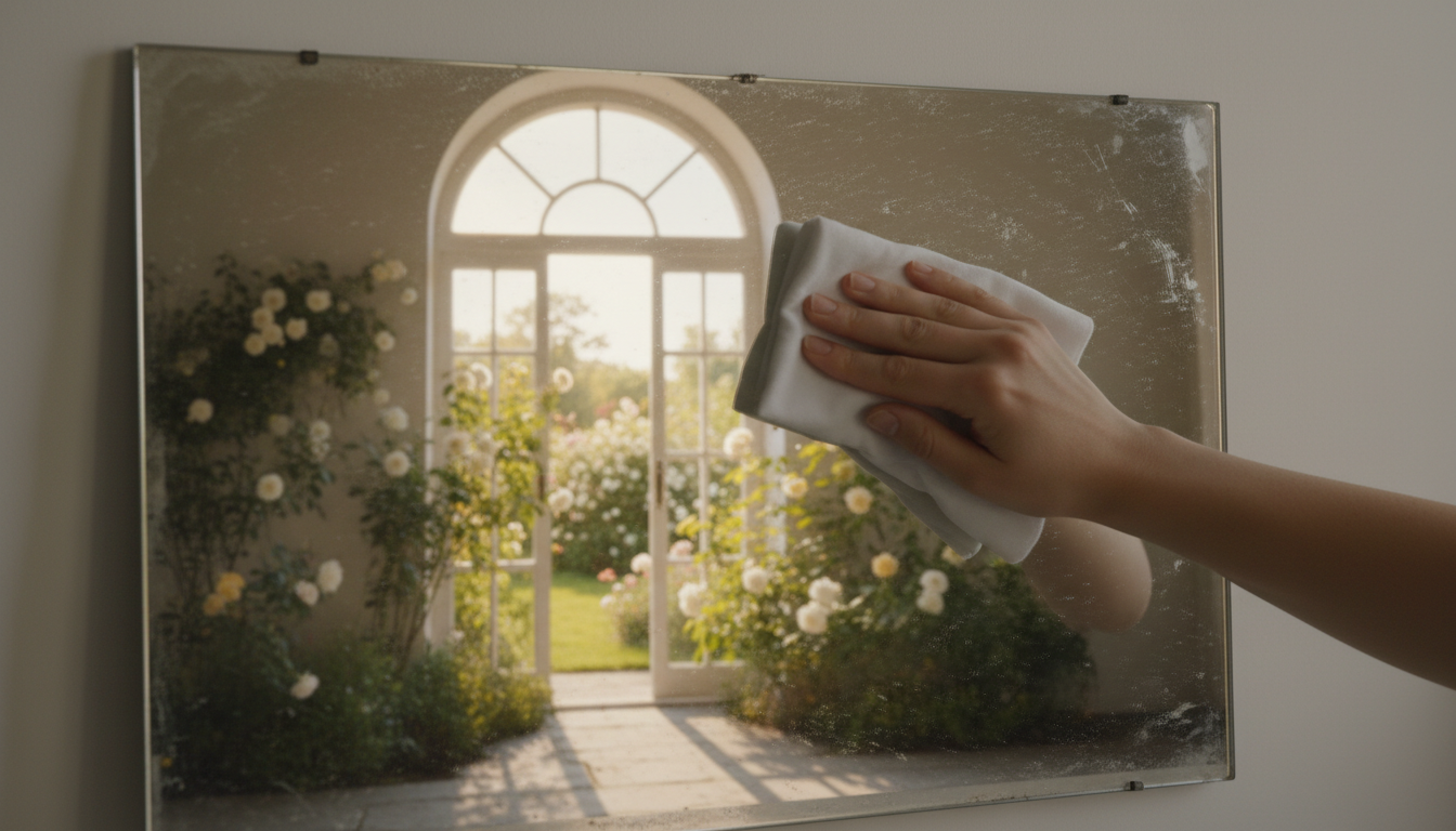 A serene, minimalist scene of a dusty mirror being wiped clean by a hand, revealing a clear reflection of a bright, sunlit garden outside a window, symbolizing the clearing of the mind.