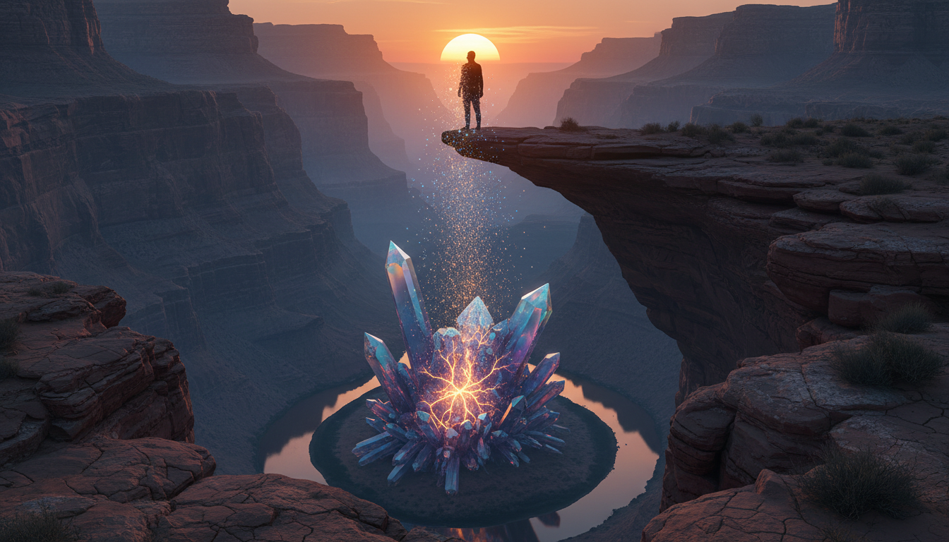 A silhouette of a human figure standing at the edge of a deep canyon, with the figure's body dissolving into glowing particles that align with a complex crystalline structure rising from the depths.