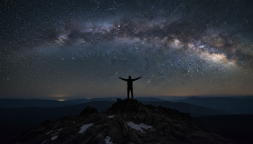 A silhouette of a person standing on a high mountain peak at night, looking into a vast galaxy of stars, representing the union of the individual soul with the cosmic void.