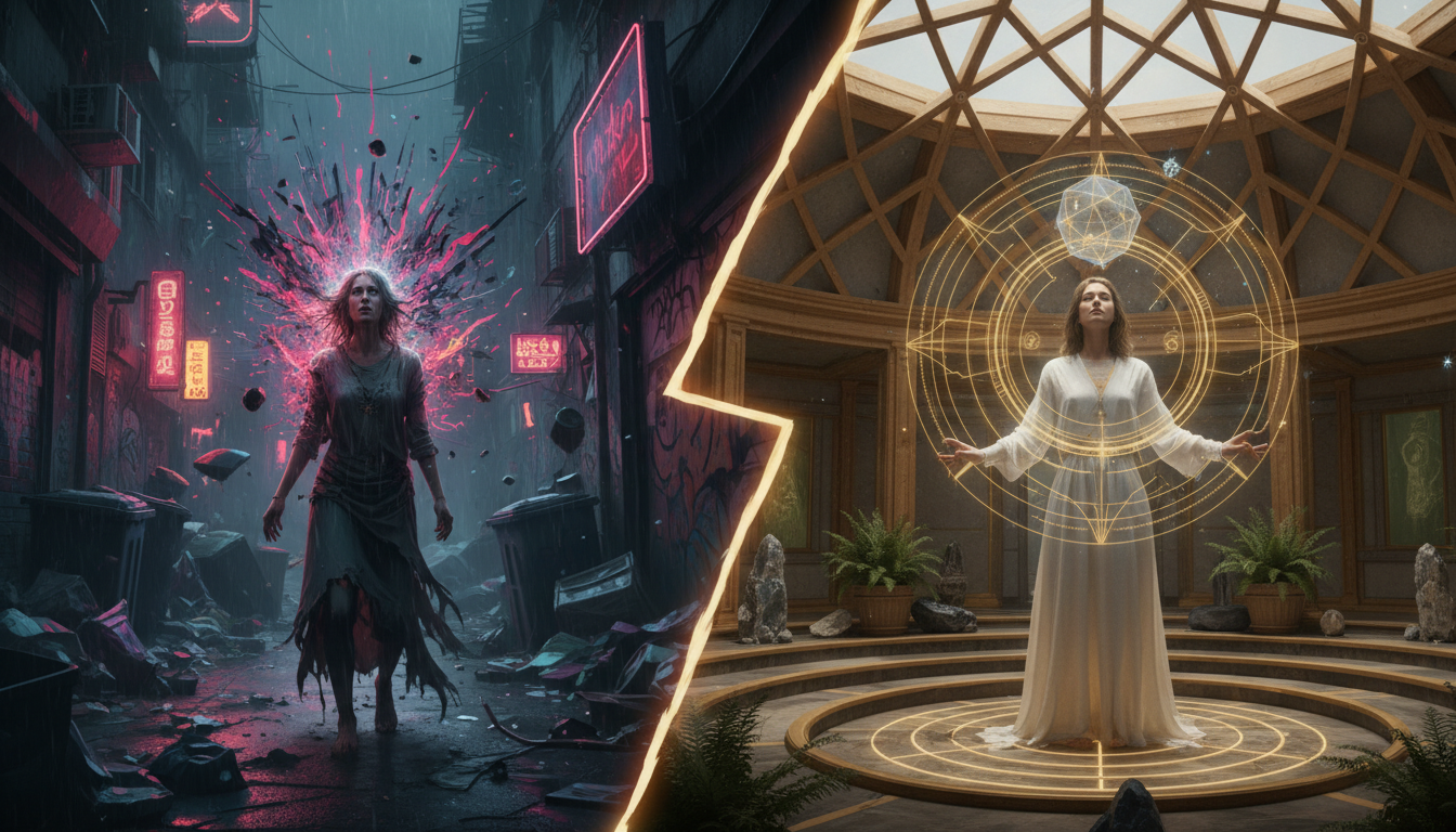 A split-screen visual showing a person in a state of chaotic, fragmented energy in a dark, cluttered urban environment versus a person with a clear, luminous, and structured auric field in a space designed with natural geometric proportions.