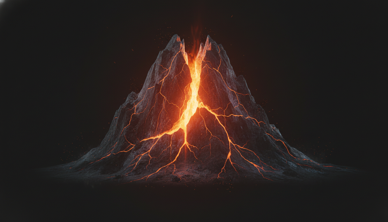A stark, minimalist conceptual illustration showing a heavy stone mountain cracking open to reveal a core of intense, glowing orange light. The background is a dark, clean void, emphasizing the shift from solid matter to pure energy.