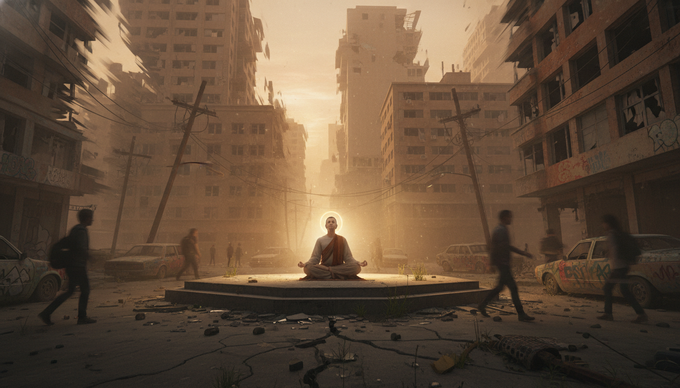 A stark, powerful image of a person sitting in deep meditation in the middle of a bustling, crumbling modern city, with a faint halo of calm, golden energy surrounding them while the shadows of the city seem to blur and fade.