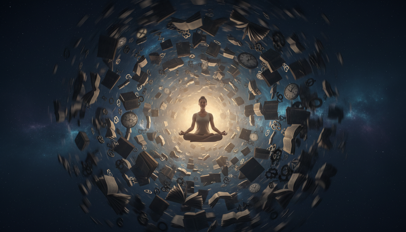 A wide-angle, cinematic shot of a person sitting in a meditative posture in the center of a swirling, dark vortex of floating books, clocks, and fragmented symbols, representing the chaotic noise of the mind contrasted with the stillness of the witness.