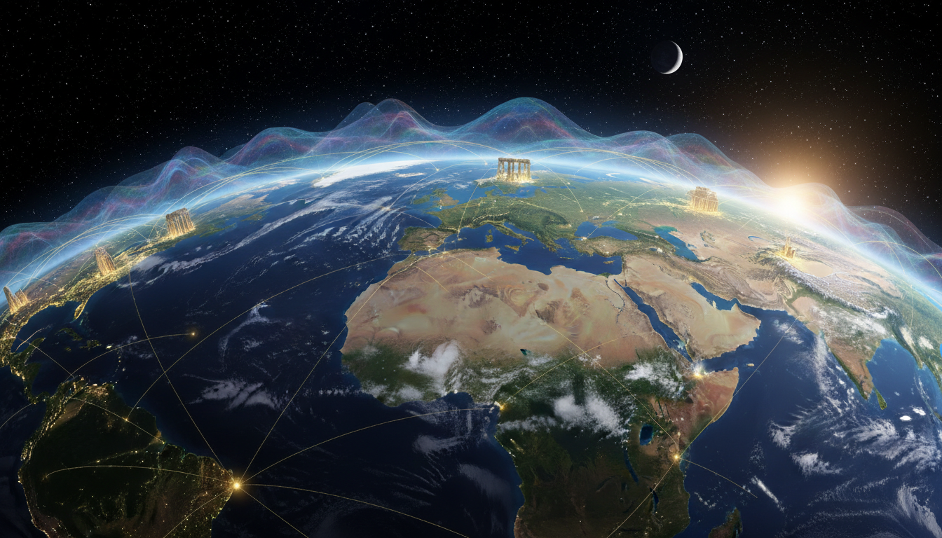 A wide-angle, hyper-realistic depiction of the Earth's surface with glowing, geometric grid lines of golden light emerging from the crust, intersecting at ancient sacred sites, with a subtle distortion in the atmosphere representing high-frequency energy.