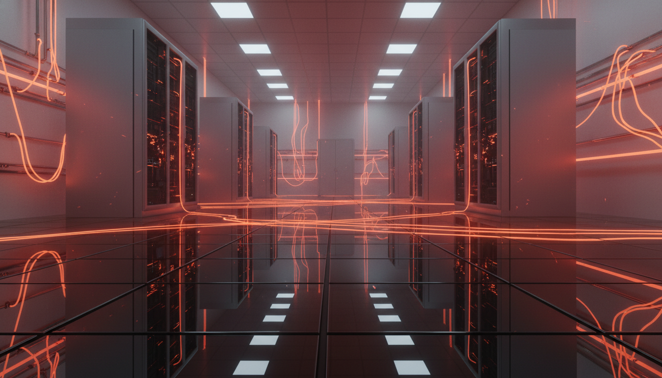 A wide-angle shot of a futuristic, minimalist laboratory or data center where the floor is made of polished dark glass reflecting intense red and orange light. No people are present, only the glow of high-speed energy moving through transparent cables.