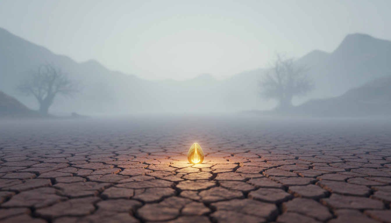 A wide-angle shot of a vast, misty landscape where a single, glowing golden seed sits on dry, cracked earth, symbolizing untapped potential waiting for the right conditions to bloom.