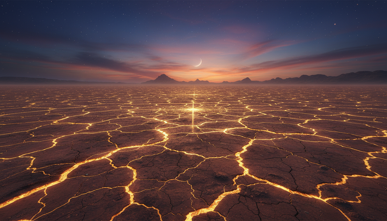 A wide-angle view of a vast, cracked earth landscape with glowing geometric lines of golden light emerging from the fissures, representing the shifting energetic grid of the planet under a twilight sky.