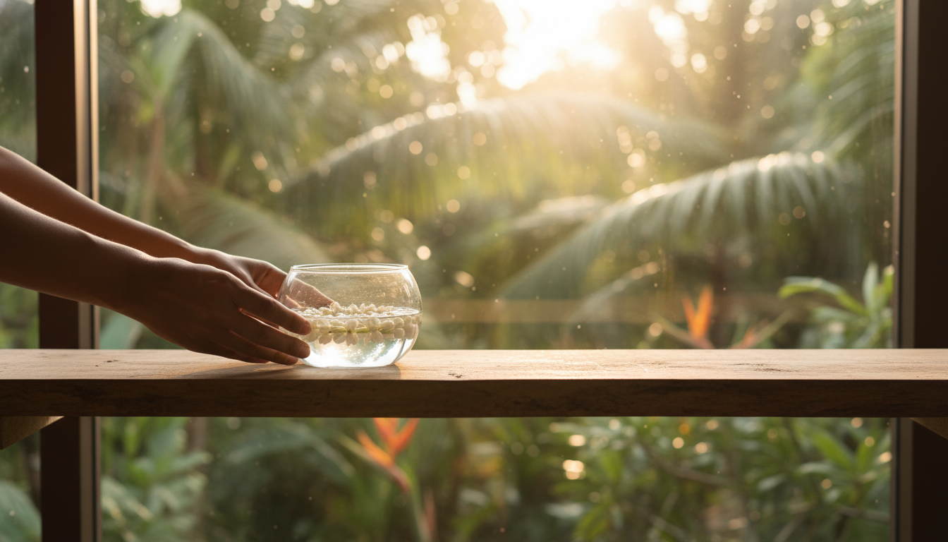 A wide shot of a person’s hands placing a small glass bowl of water and a single jasmine garland on a wooden shelf, with a window in the background showing the early morning sun filtering through tropical leaves.