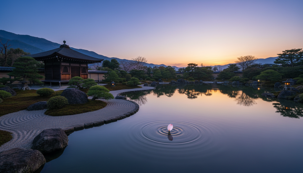 A Zen garden at dusk, where a single cherry blossom falls onto a perfectly still pond, creating gentle, expanding ripples in the twilight.