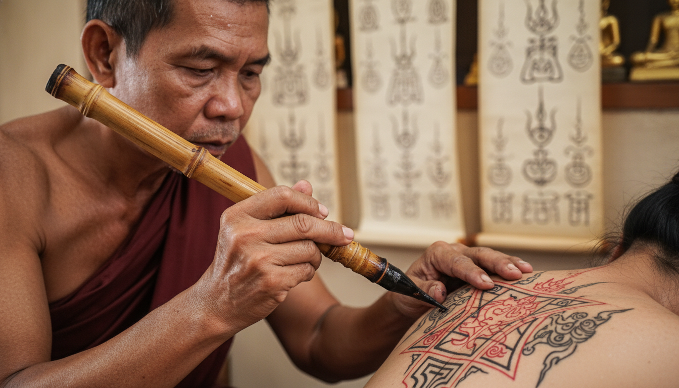 A close-up, respectful shot of an Ajarn performing a Sak Yant, focusing on the traditional bamboo needle and the intensity of the moment, with ancient symbols visible on scrolls in the background.