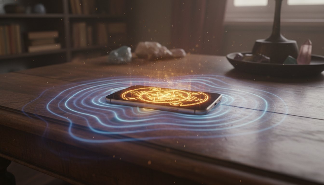 A conceptual visual showing a smartphone on a wooden table, but instead of a screen, it reveals a complex sacred geometry pattern (Yantra) made of light, with ripples of energy extending outward into the room.