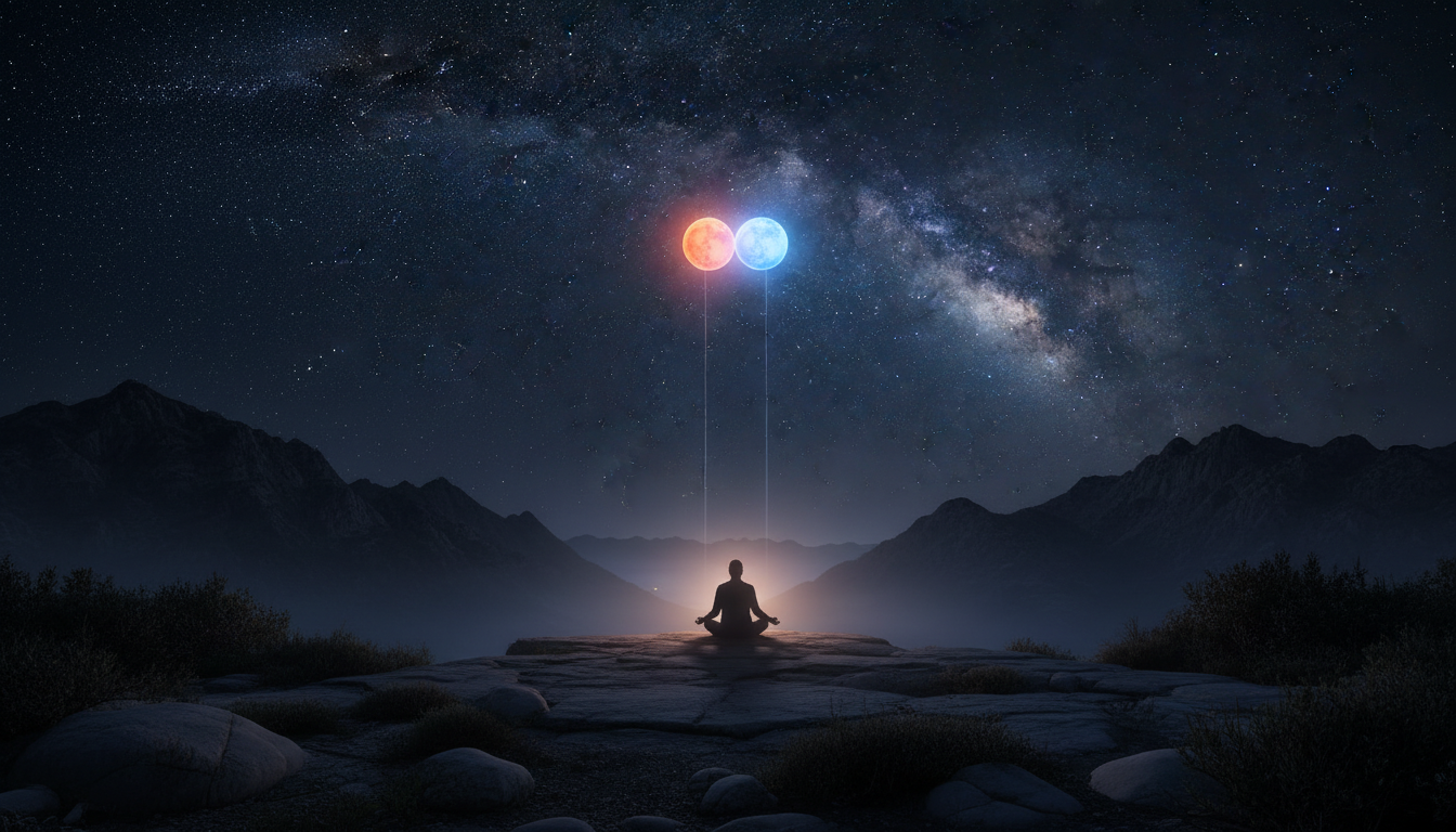 A lone figure Meditating under a vast, star-filled night sky, with a visible alignment of two bright celestial bodies, conveying peace and connection.