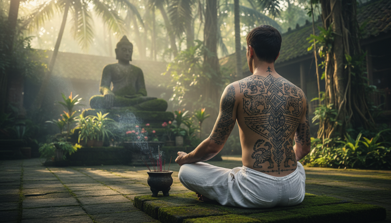 A person meditating with their back to the camera, showing a complex, traditionally applied Sak Yant design covering their upper back, in a serene, natural setting like a jungle clearing or a quiet temple courtyard at dawn.