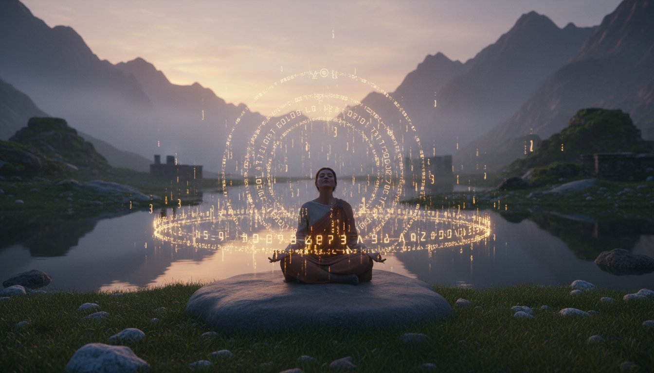 A person sitting in a peaceful meditative posture, surrounded by faint, glowing golden numerical sequences that float in the air like a digital aura, symbolizing the intersection of ancient spirit and modern frequency.