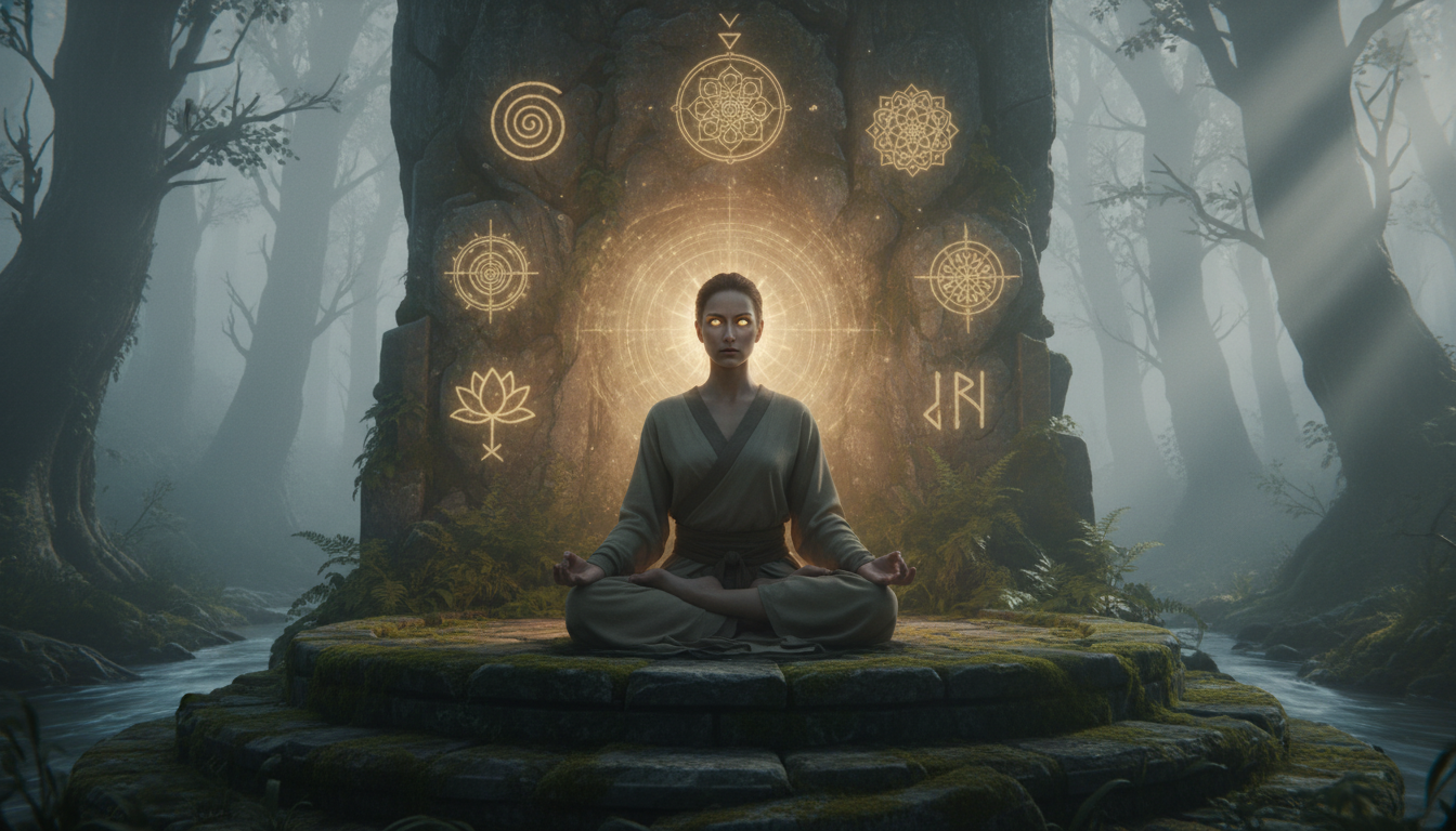 A serene yet powerful image of a person meditating with an intense, focused gaze, surrounded by a subtle aura of wisdom and clarity, perhaps against a backdrop of ancient spiritual symbols.