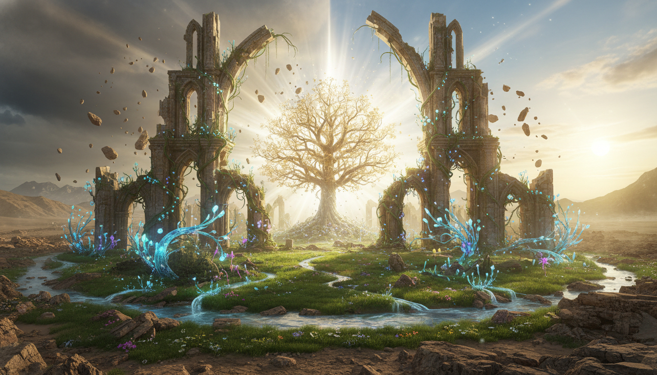 A stark visual of an old, crumbling structure giving way to vibrant new growth or a radiant light, symbolizing destruction for renewal.