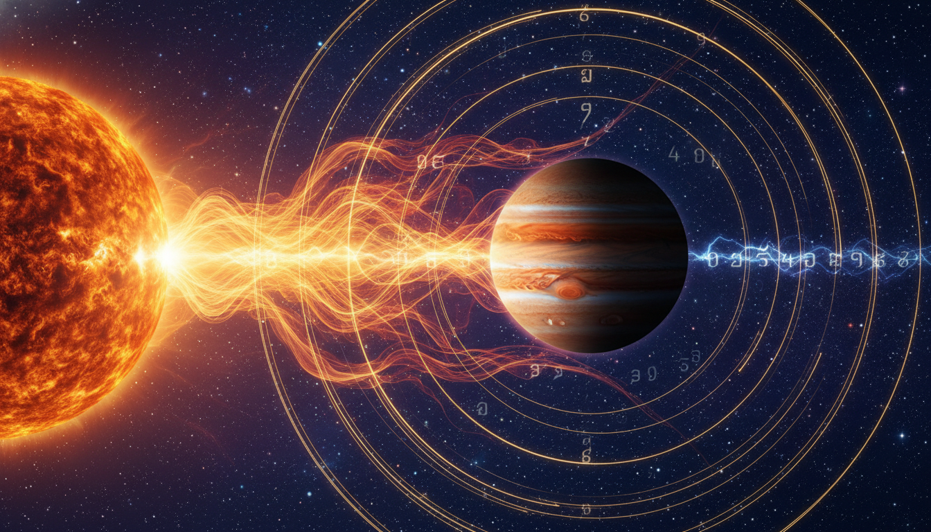 A stylized depiction of the sun and Jupiter in close alignment, with energetic lines radiating outwards, perhaps overlaid with subtle Thai numerology symbols.