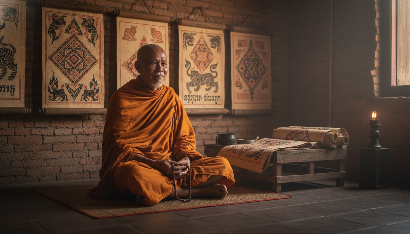An elderly, serene Ajarn in traditional robes, sitting cross-legged, holding prayer beads, with various Sak Yant designs visible on scrolls or walls in the background of a simple, dimly lit temple room.