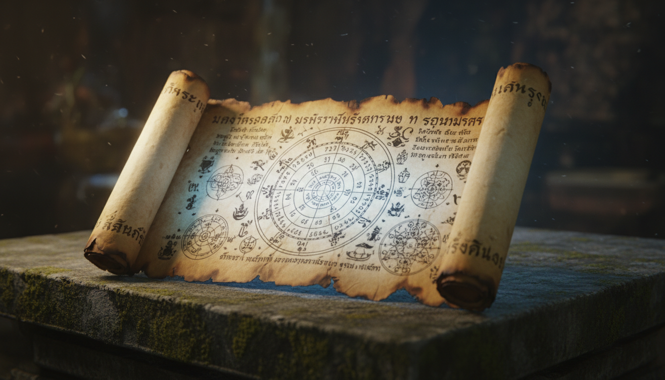 An intricate, ancient-looking scroll or parchment with Thai script and numerological charts, emanating a soft, mystical glow.