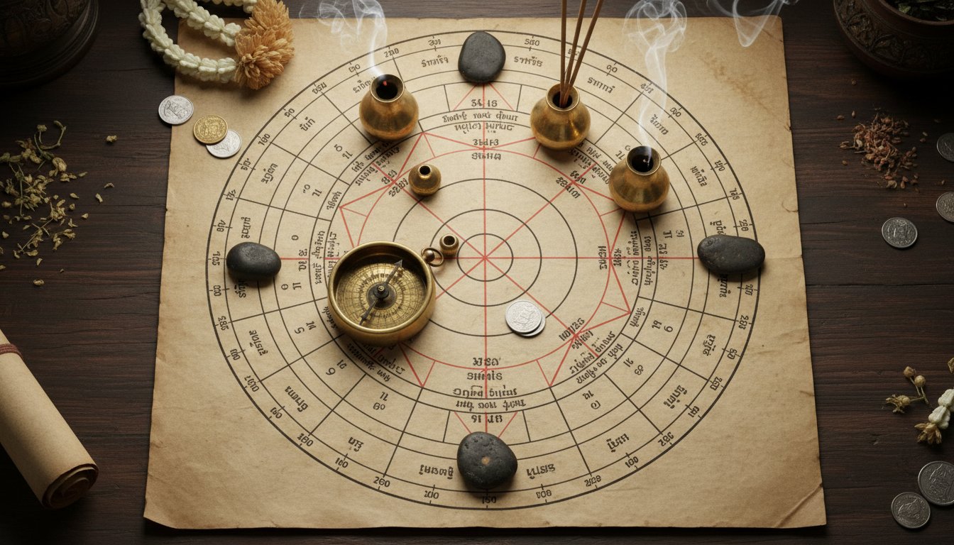 A top-down view of a Thai astrological chart (Duang) spread across a dark wooden table, with various ritual instruments like a brass compass and small incense holders placed precisely on the grid lines.
