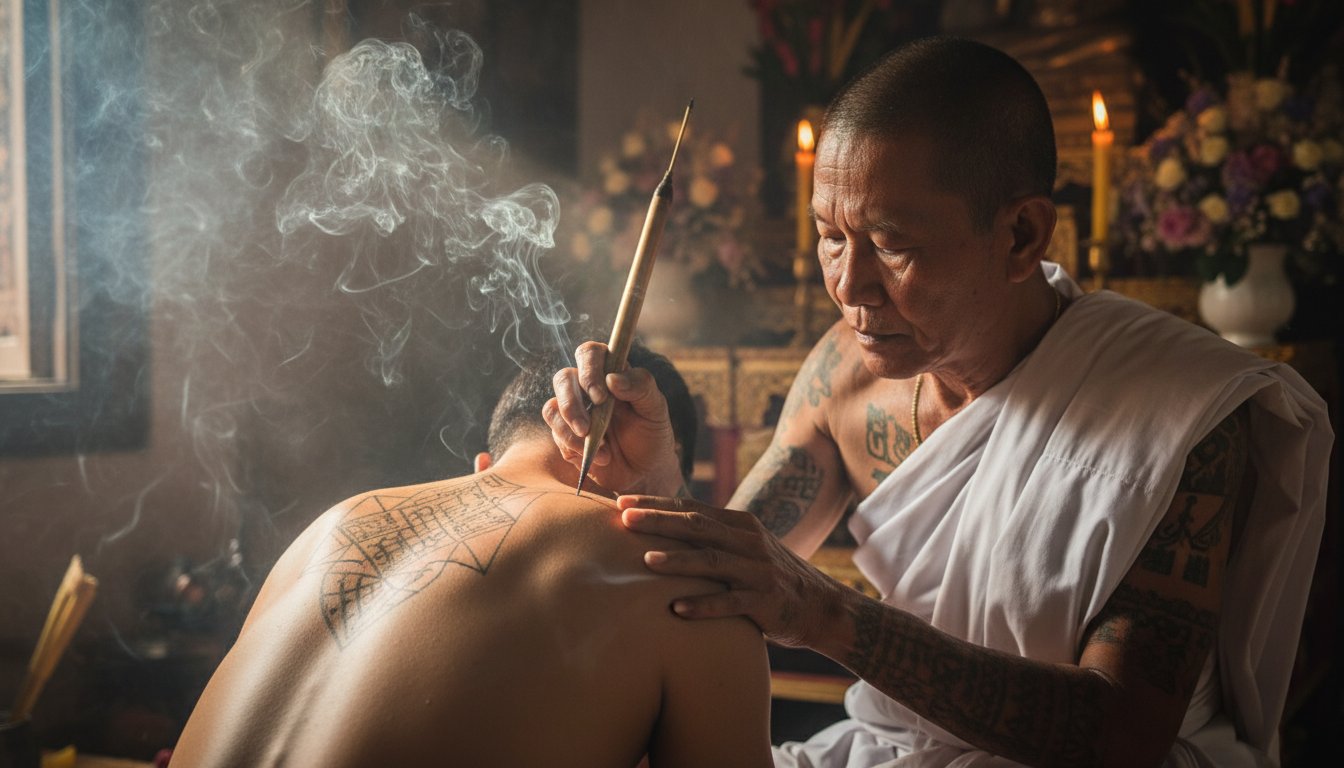 A close-up, high-contrast shot of a traditional Thai Sak Yant tattoo being applied with a long bamboo needle, the atmosphere filled with wisps of incense smoke and a sense of ancient ritualistic focus.