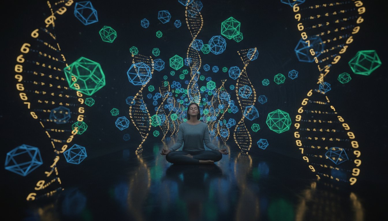 A wide-angle, cinematic shot of a person sitting in deep meditation in a dark space, surrounded by glowing, translucent geometric patterns and golden numerical sequences like 3, 6, and 9 spiraling around them in a double-helix formation.