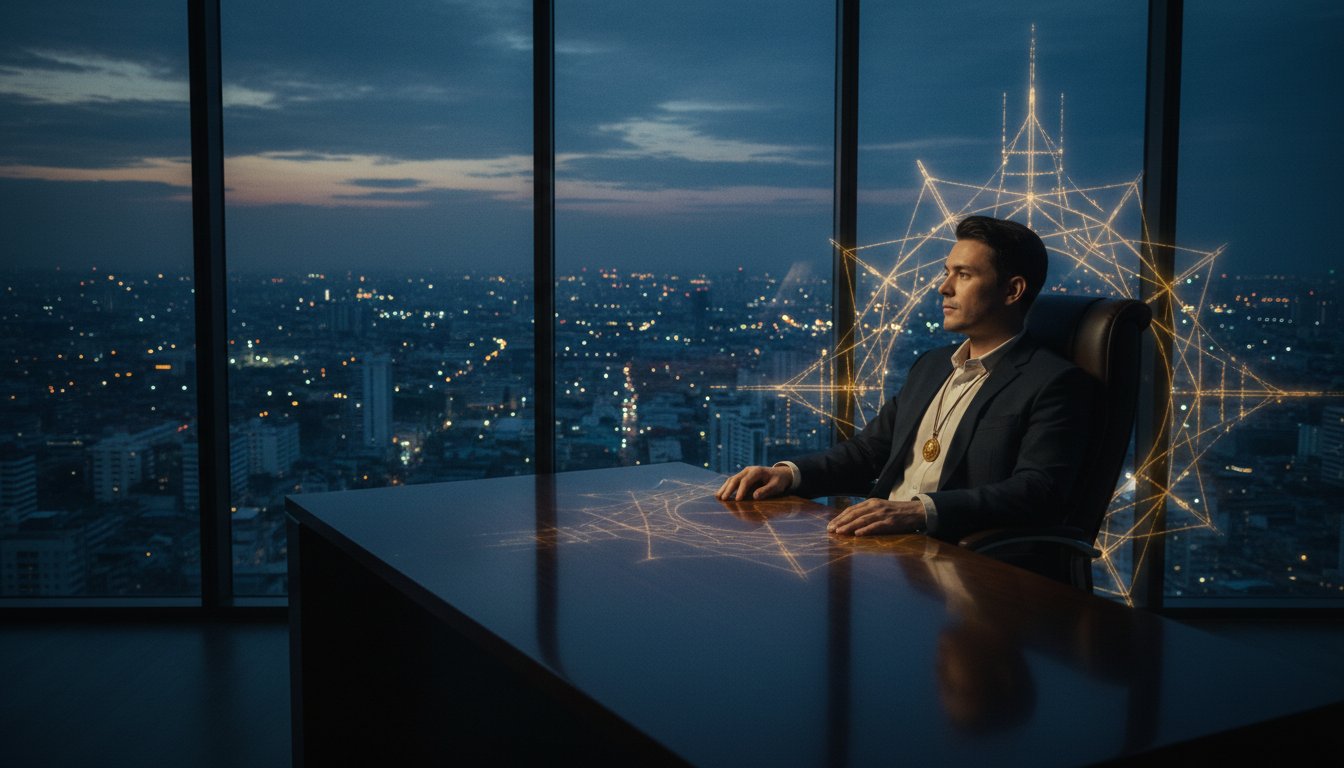 A high-contrast, atmospheric image of a modern professional sitting in a glass-walled office overlooking a city at dusk, wearing a subtle Thai amulet, with a faint, glowing overlay of a sacred Yantra geometry shimmering in the air around them to symbolize the intersection of modern life and ancient energy.