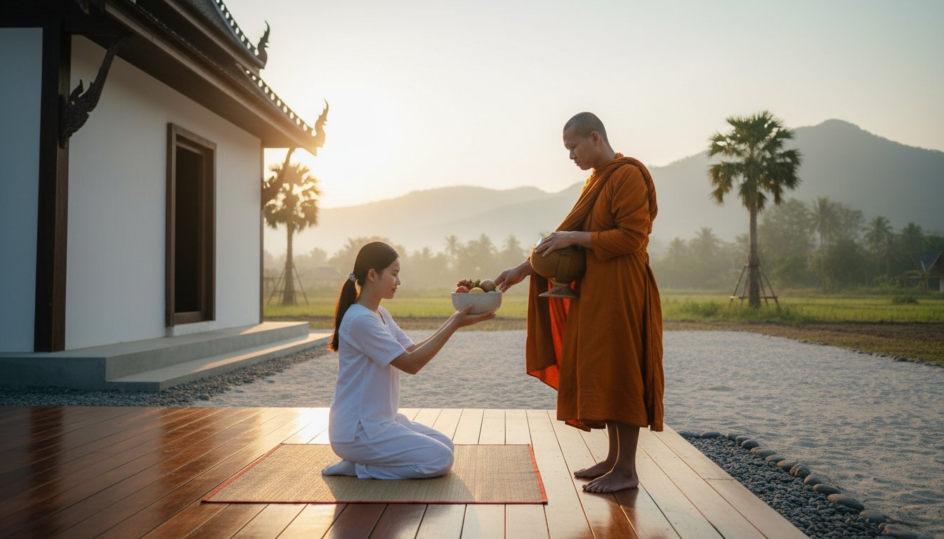 A serene scene of a person offering a simple bowl of food to a monk at dawn, representing the direct and disciplined practice of merit-making in a minimalist Thai setting.