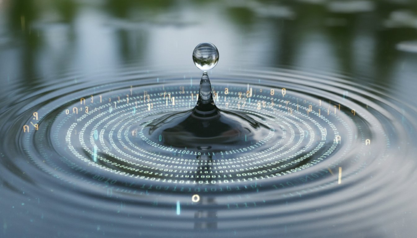 A close-up of a drop of water creating perfect concentric ripples, with digital binary code and ancient Thai numerals shimmering on the surface of the water.