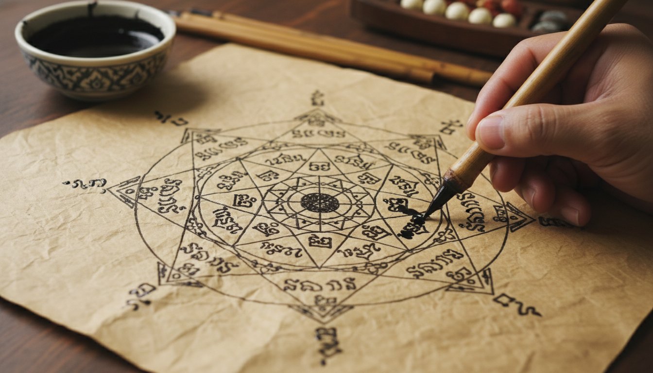 A detailed close-up of a traditional Thai Yantra script being drawn with precision on parchment, showing the intricate geometric patterns and ancient Khmer characters in black ink.