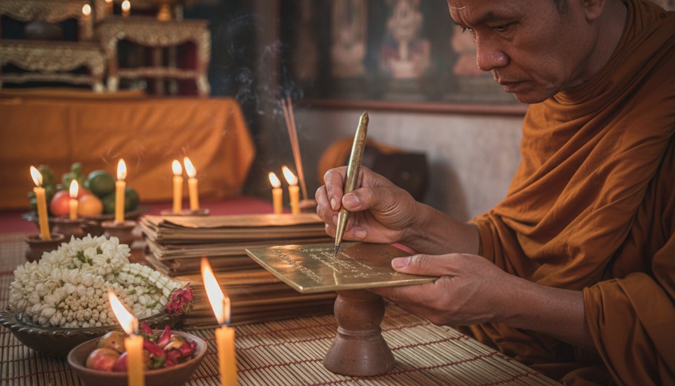 A serene, close-up shot of a Thai monk's hands delicately inscribing ancient Khom script onto a metallic yantra plate, surrounded by flickering candlelight and offerings of jasmine flowers, capturing a sense of focused energy and ancient tradition.