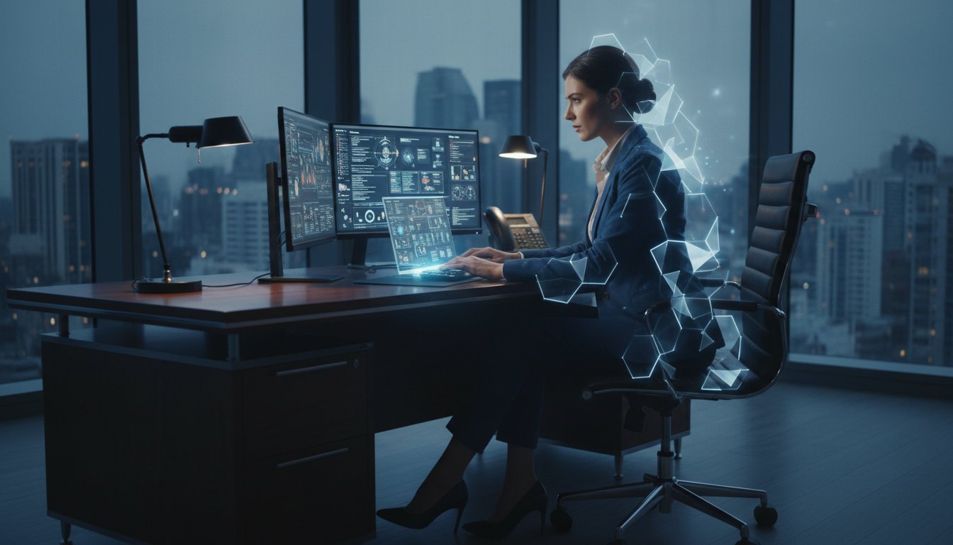 A professional at a high-end office desk, looking focused, with a subtle, glowing geometric overlay representing an energy shield or 'invisible armor' surrounding their silhouette.