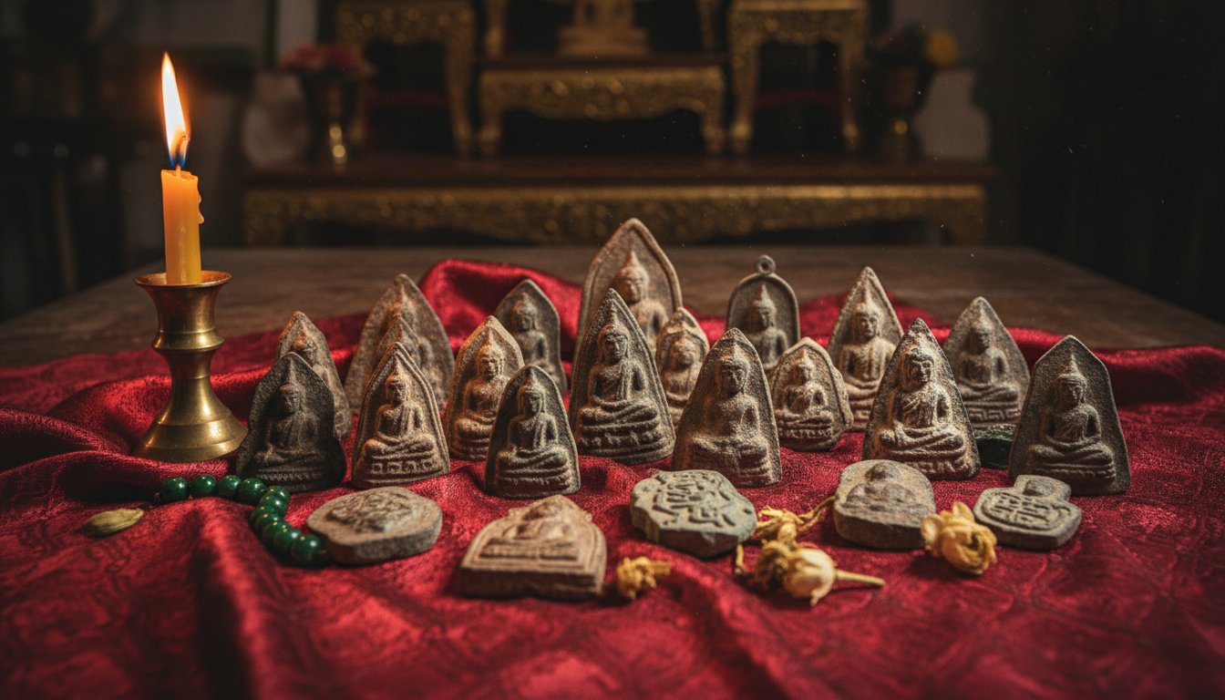 An array of ancient Thai amulets resting on a silk cloth, illuminated by the warm, flickering light of a candle, highlighting the intricate textures of the clay and metal.