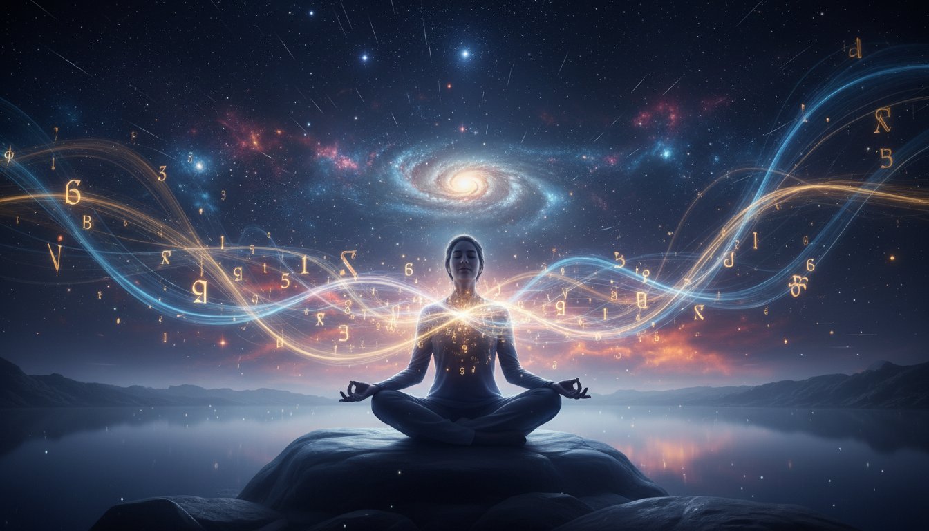 A person sitting in a meditative posture, with a serene expression, surrounded by subtle, shimmering energetic lines and abstract numerical symbols that radiate outwards, connecting them to a vibrant, cosmic background.
