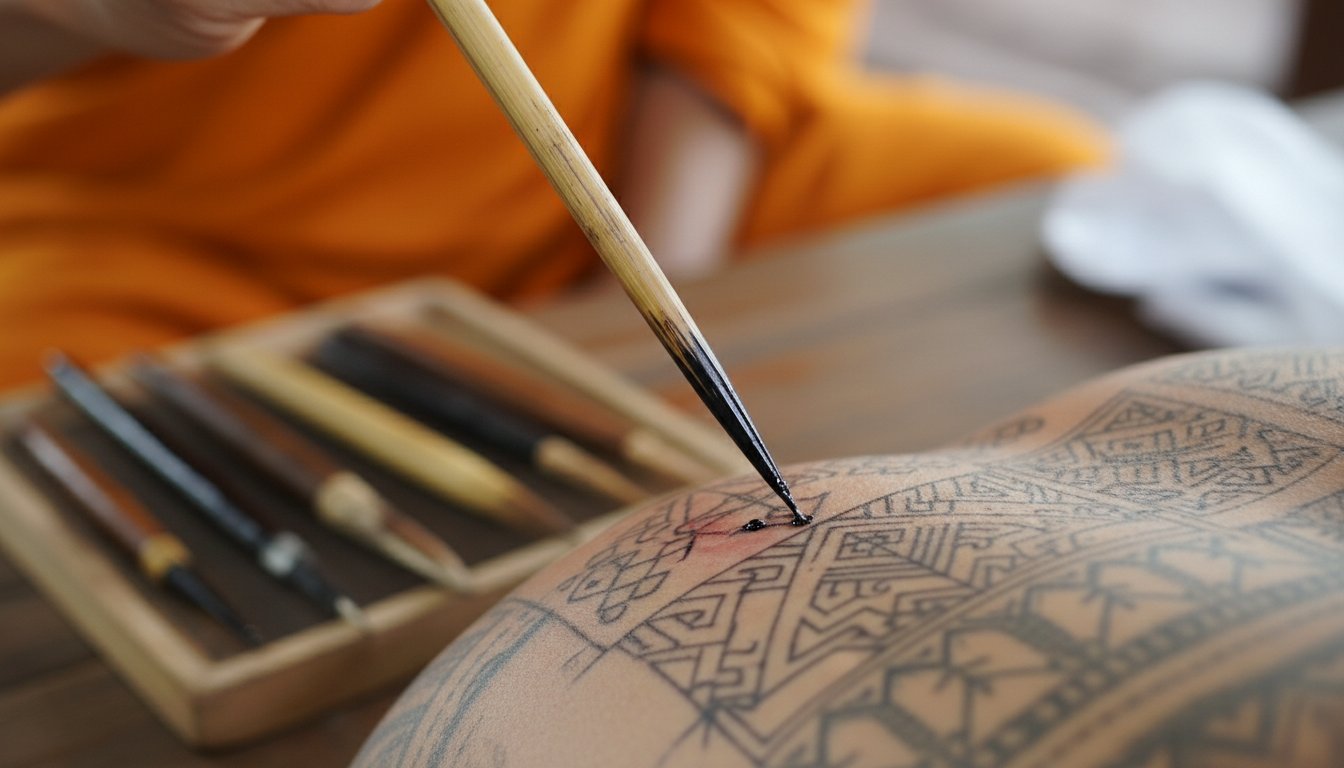 A close-up, high-detail photograph of a traditional Thai 'Sak Yant' tattoo being applied with a long bamboo needle, the ink forming intricate geometric patterns on the skin, with a shallow depth of field focusing on the intersection of the ancient design and the human body.