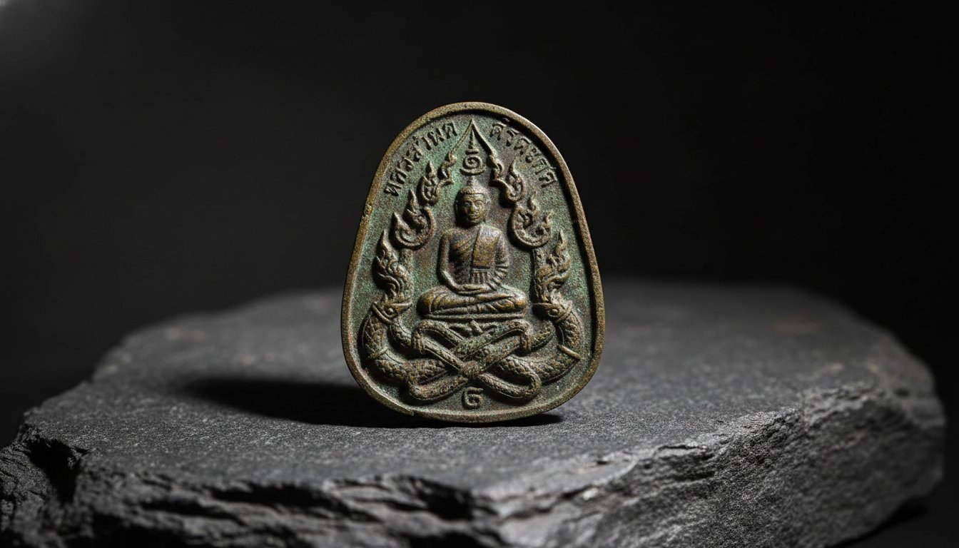 A minimalist, high-contrast photograph of a Thai bronze amulet resting on a dark, textured stone surface, highlighting the intricate geometric carvings and ancient inscriptions.
