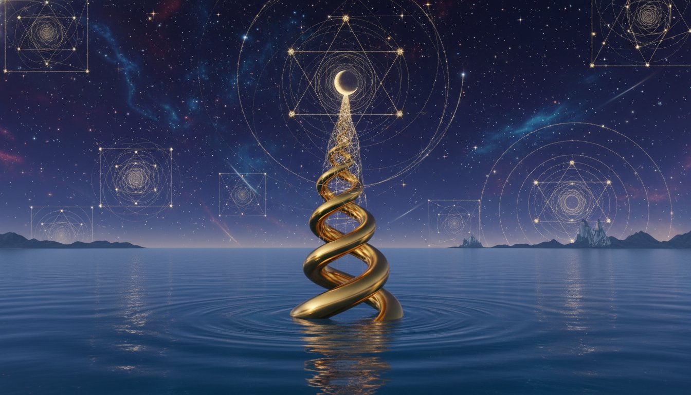 A surreal landscape where a golden spiral (Fibonacci) rises out of a calm ocean towards a starry sky, with the stars arranged in perfect mathematical clusters, symbolizing the connection between Earth and the cosmos.